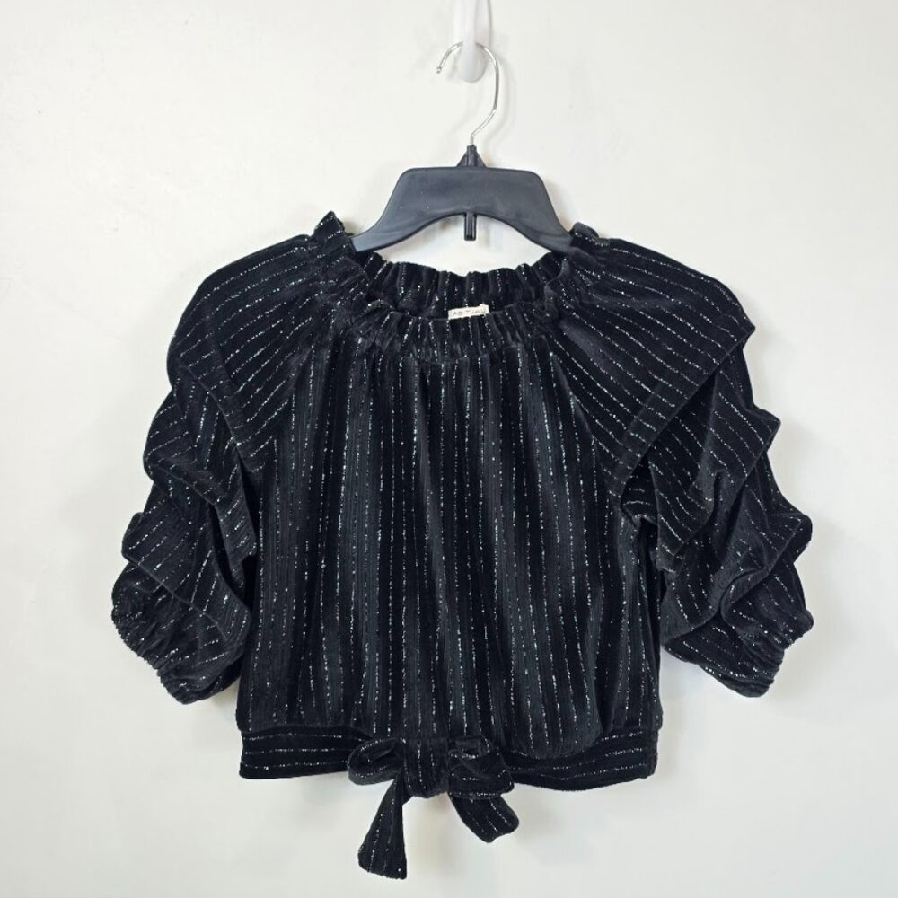 Habitual Girl Black Metallic Stripe Ruffle Blouse Size 10 Party Top